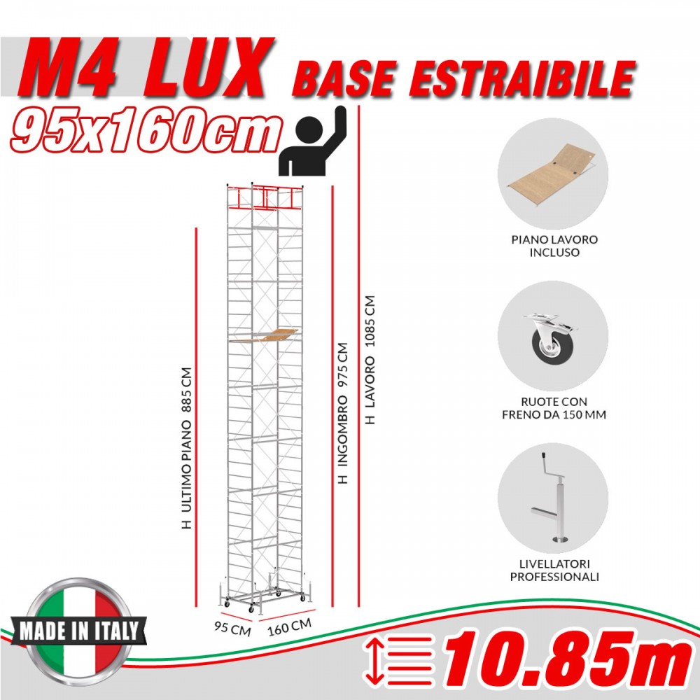 Trabattello M4 LUX base estraibile ALTEZZA LAVORO 10,85 METRI
