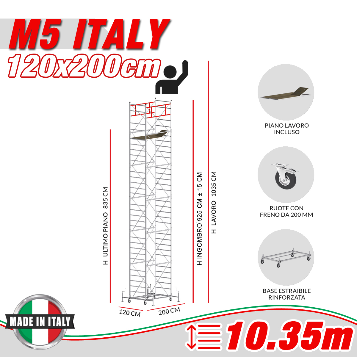 Trabattello M5 ITALY Altezza lavoro 10,35 metri - Carply Mat