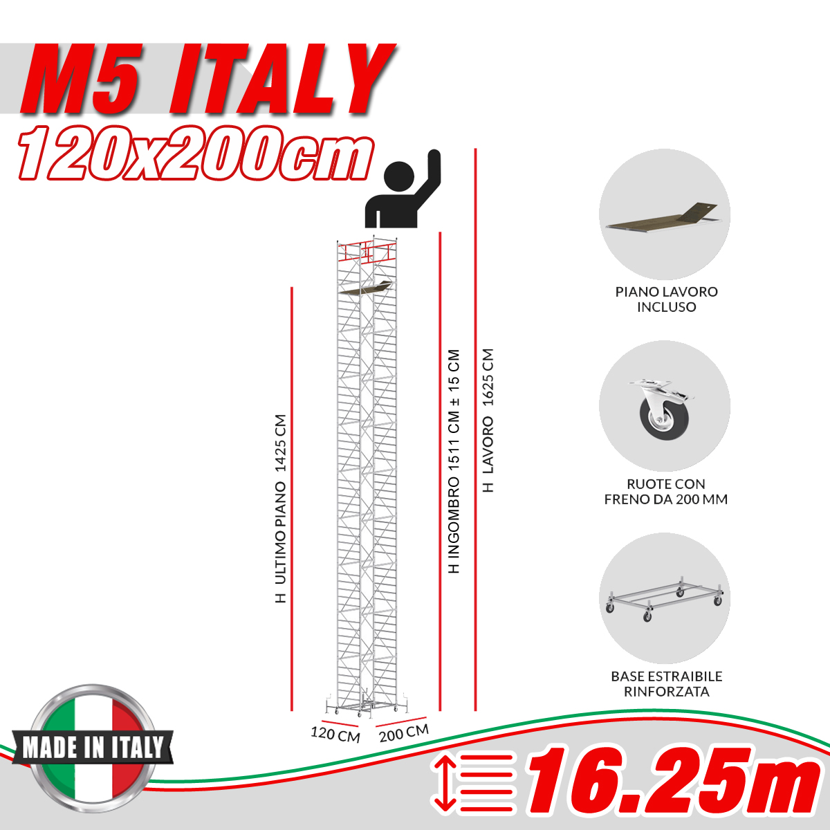 Trabattello M5 ITALY Altezza lavoro 16,25 metri - Carply Materiale Resinoso e Antiscivolo