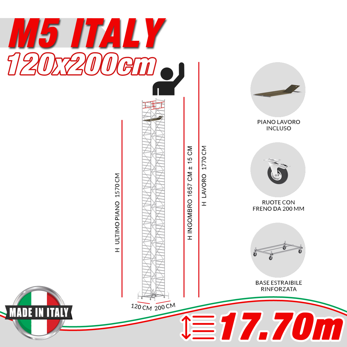 Trabattello M5 ITALY Altezza lavoro 17,70 metri - Carply Materiale Resinoso e Antiscivolo