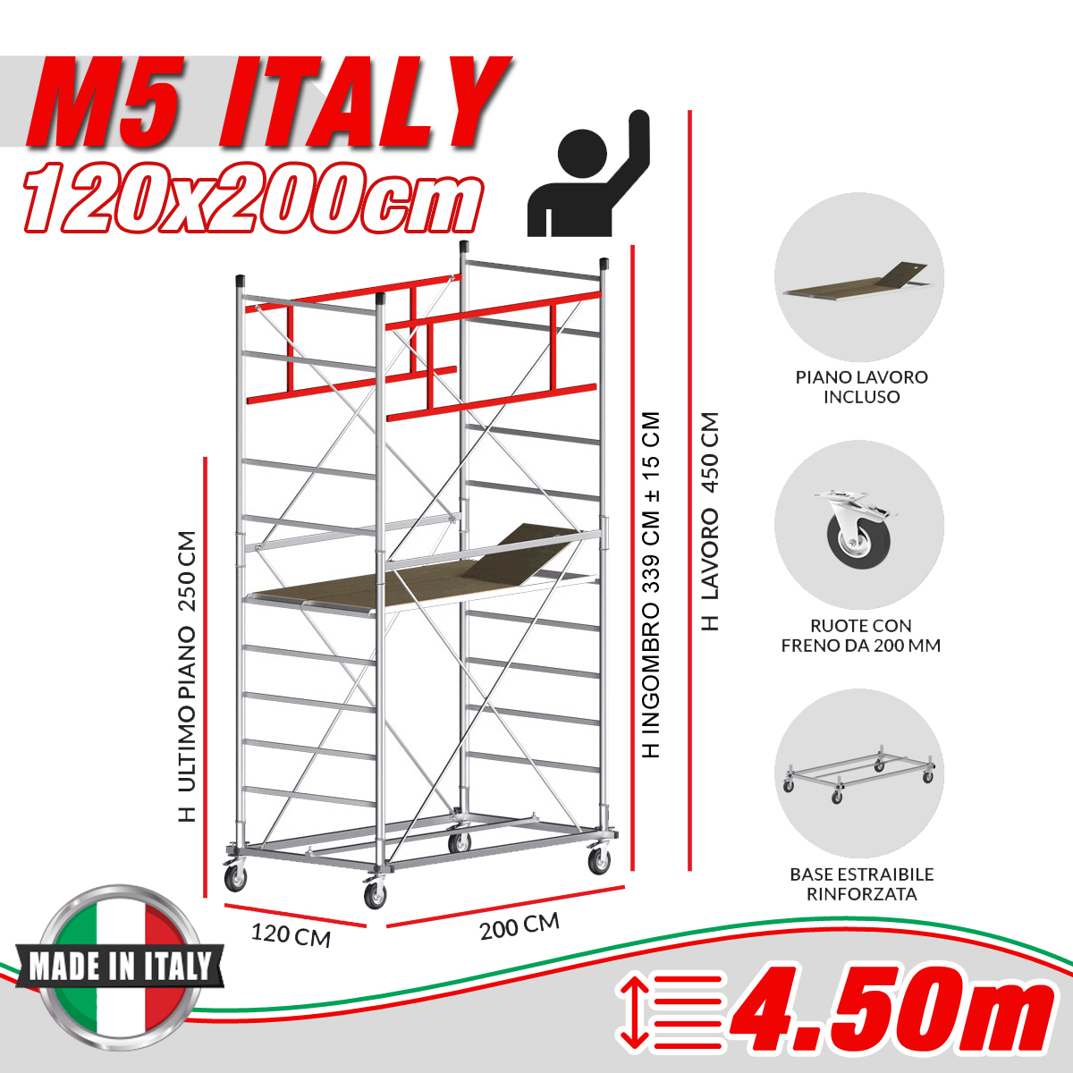 Trabattello M5 ITALY Altezza lavoro 4,50 metri - 4 Ruote ø 200mm girevoli in poliuretano con freno UNI EN 1004