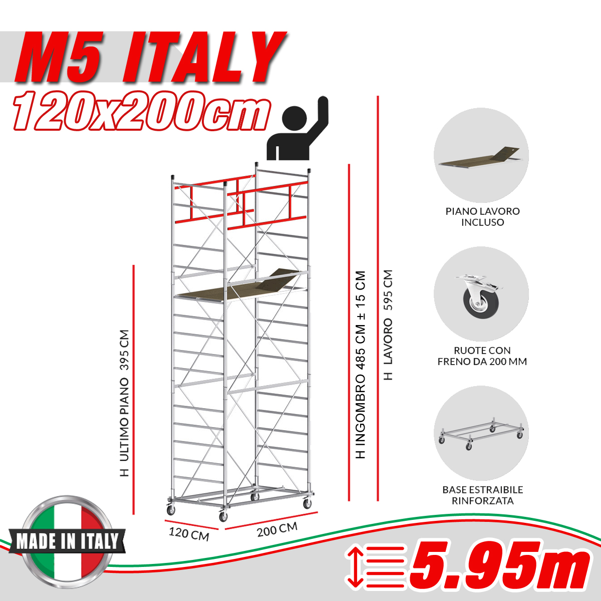 Trabattello M5 ITALY Altezza lavoro 5,95 metri - Carply Materiale Resinoso e Antiscivolo