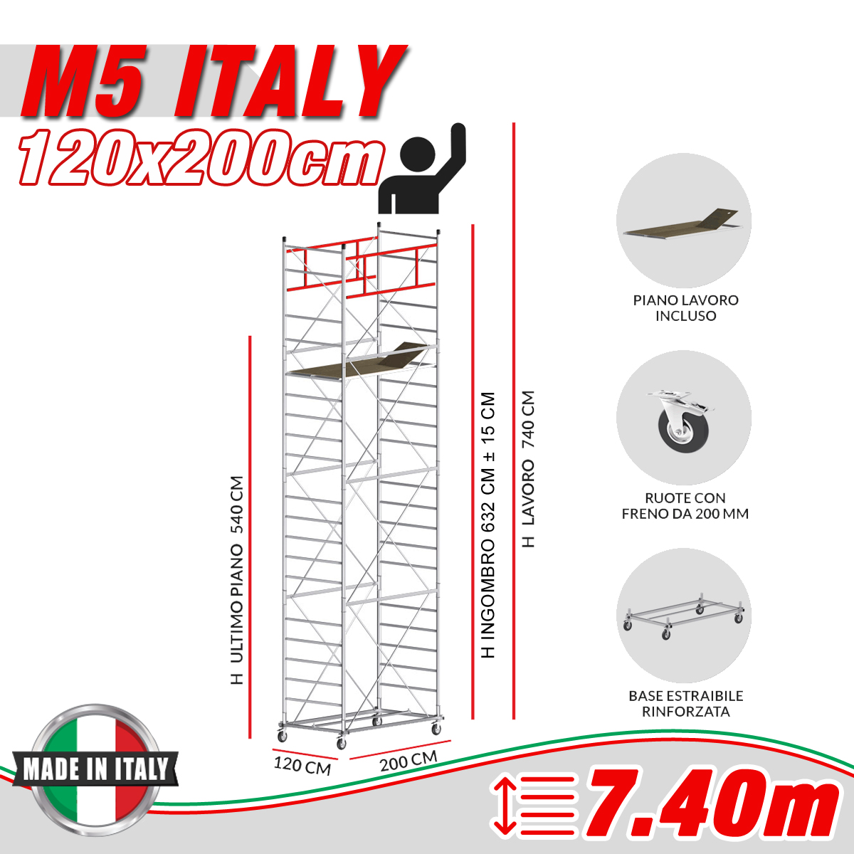 Trabattello M5 ITALY Altezza lavoro 7,40 metri - 4 Ruote ø 200mm girevoli in poliuretano con freno UNI EN 1004