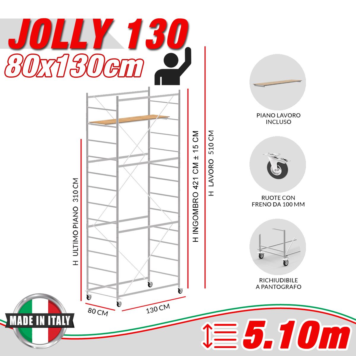 Trabattello JOLLY 130 Altezza lavoro 5,10 metri - Semipiano 