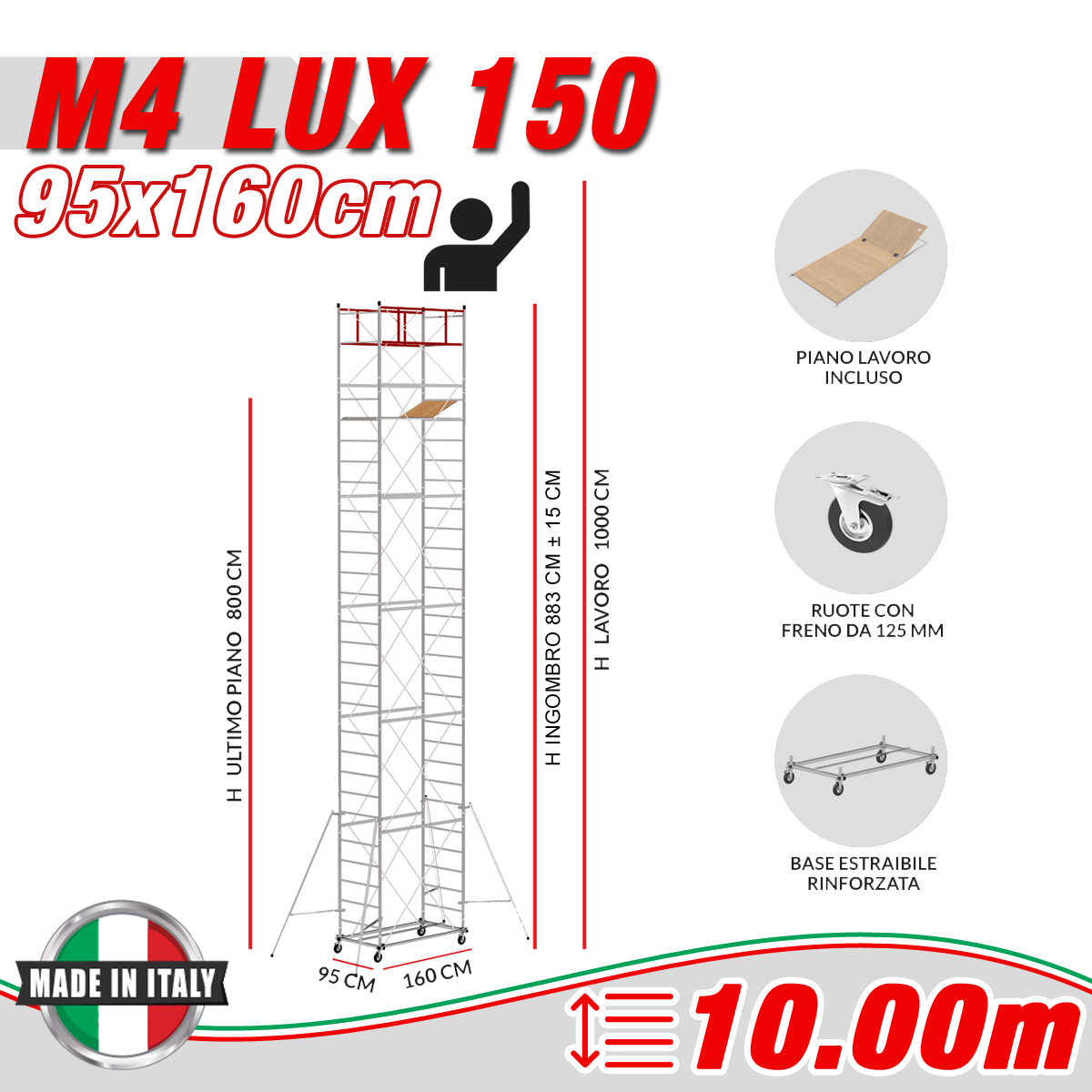 Trabattello M4 LUX 150 Altezza lavoro 10 metri - Piano con B