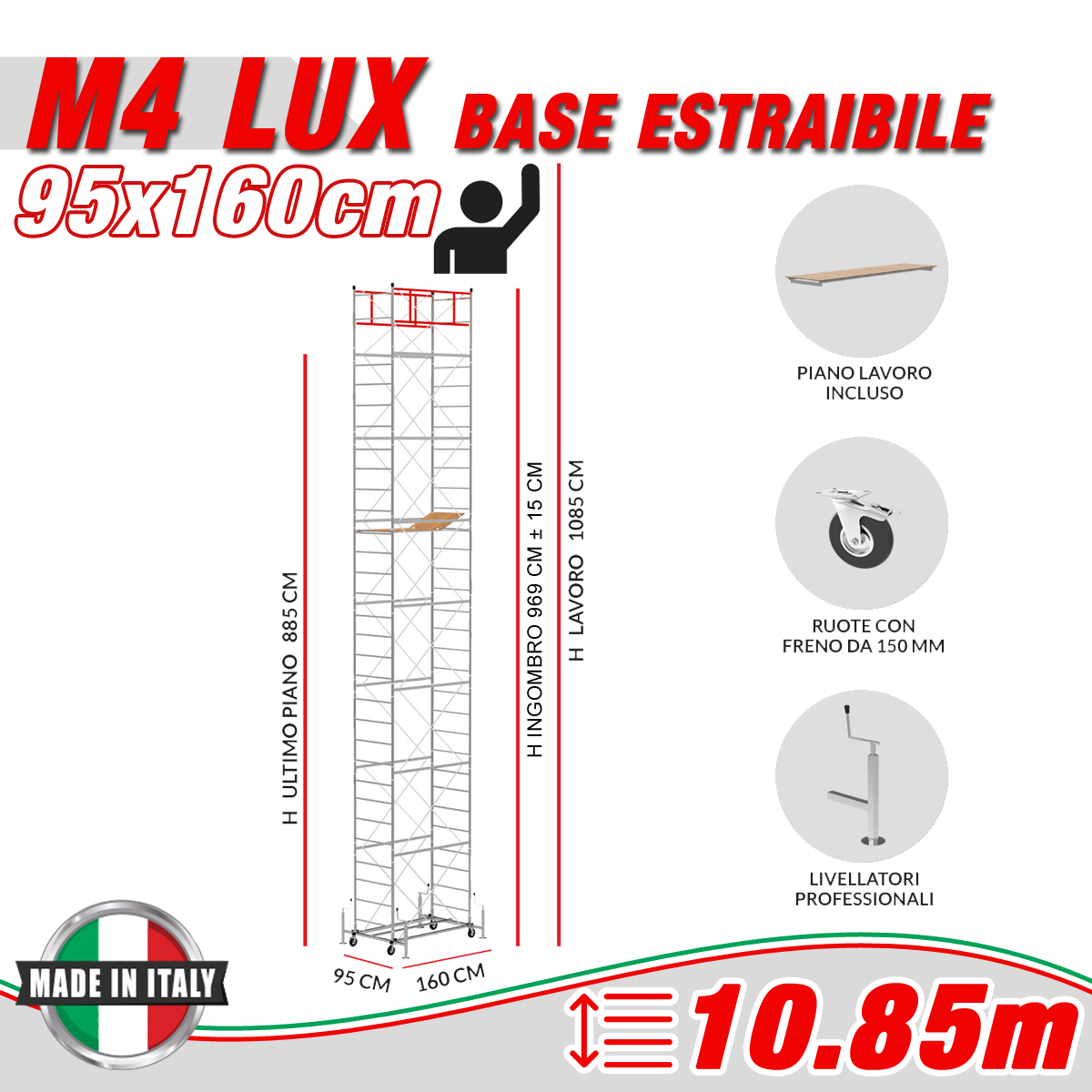 Trabattello M4 LUX base estraibile Altezza lavoro 10,85 metr