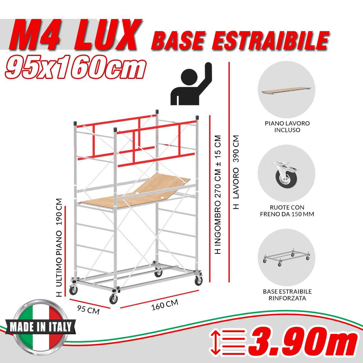 Trabattello M4 LUX base estraibile Altezza lavoro 3,9 metri 