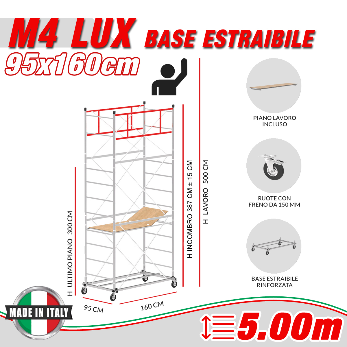 Trabattello M4 LUX base estraibile Altezza lavoro 5 metri - 