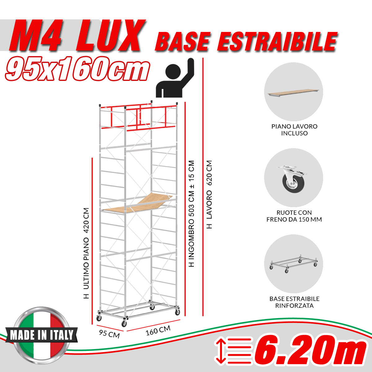 Trabattello M4 LUX base estraibile Altezza lavoro 6,20 metri