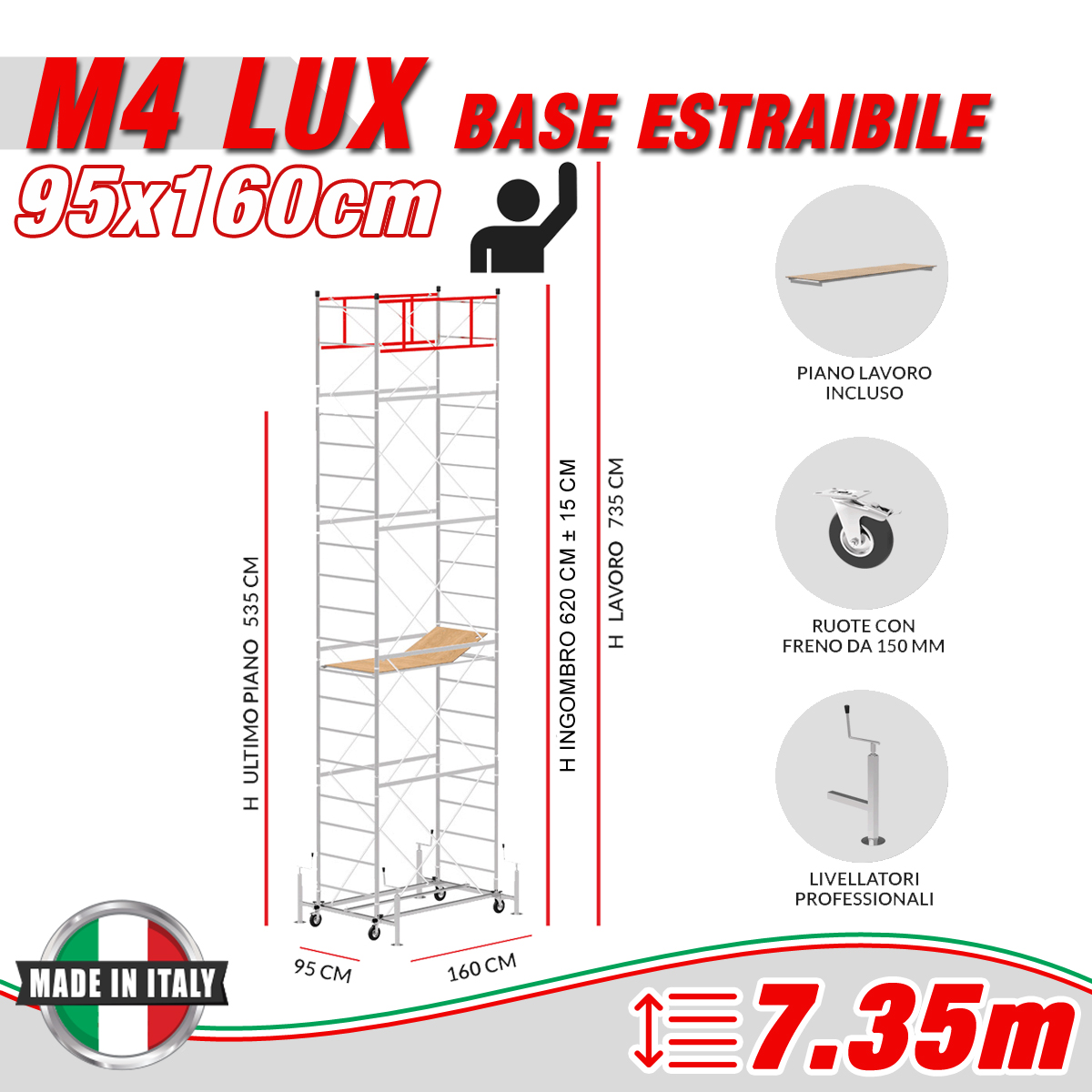 Trabattello M4 LUX base estraibile Altezza lavoro 7,35 metri