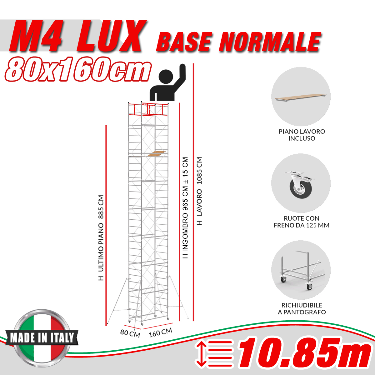 Trabattello M4 LUX base normale Altezza lavoro 10,85 metri -