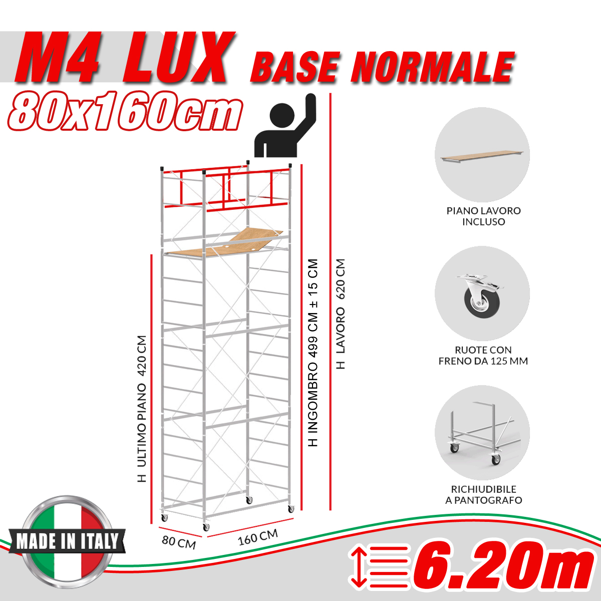 Trabattello M4 LUX base normale Altezza lavoro 6,20 metri - 