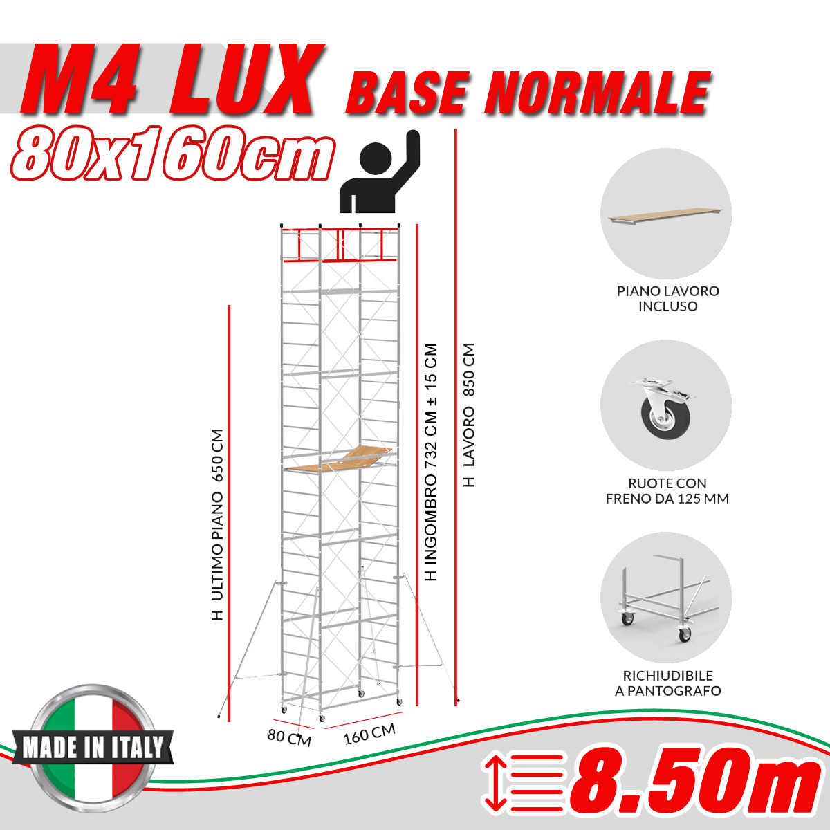 Trabattello M4 LUX base normale Altezza lavoro 8,50 metri - 
