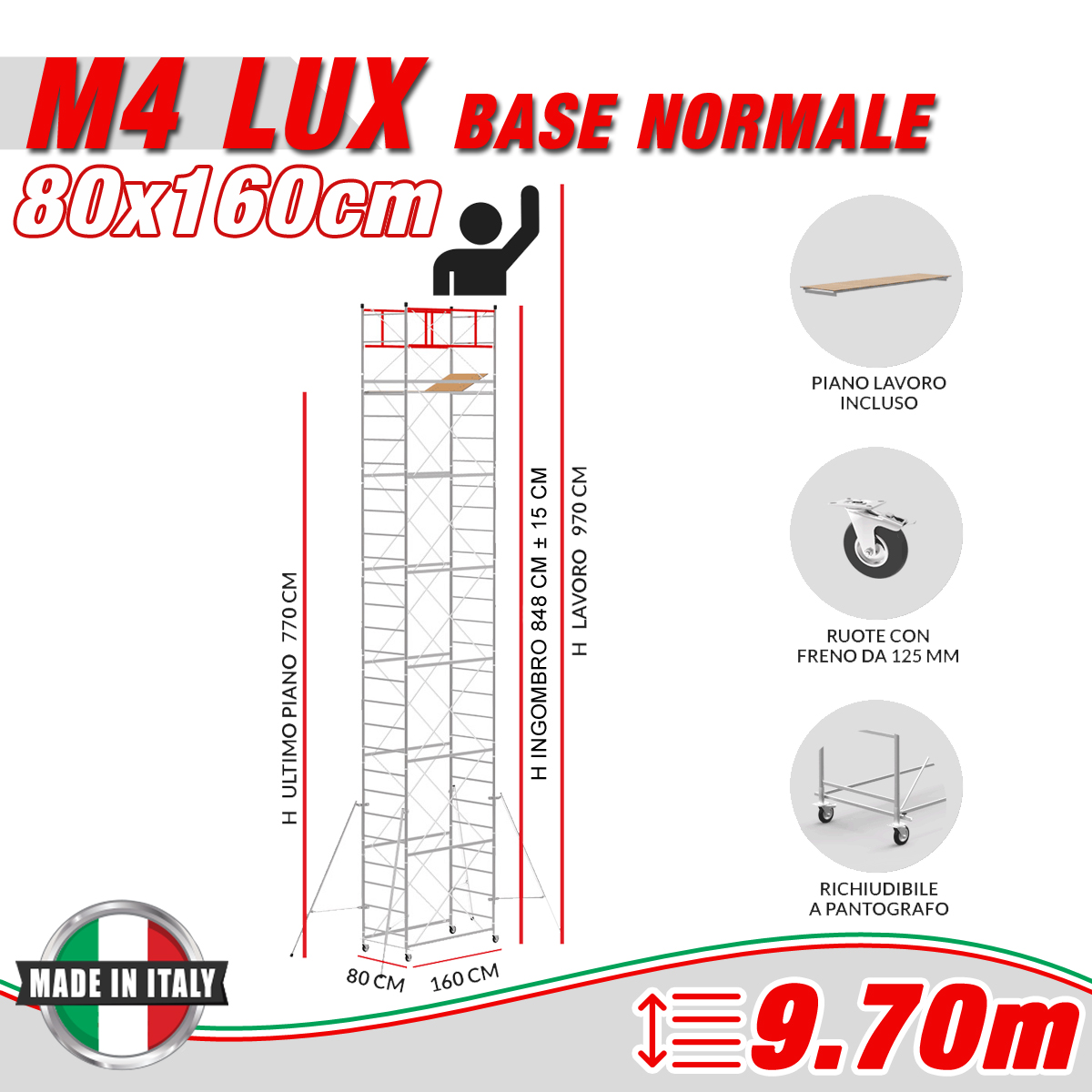 Trabattello M4 LUX base normale Altezza lavoro 9,70 metri - 
