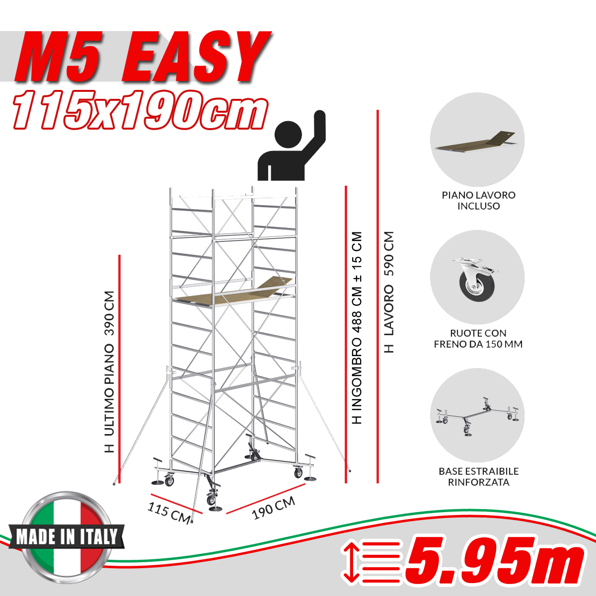 Trabattello M5 EASY Altezza lavoro 5,90 metri - Livellatori 