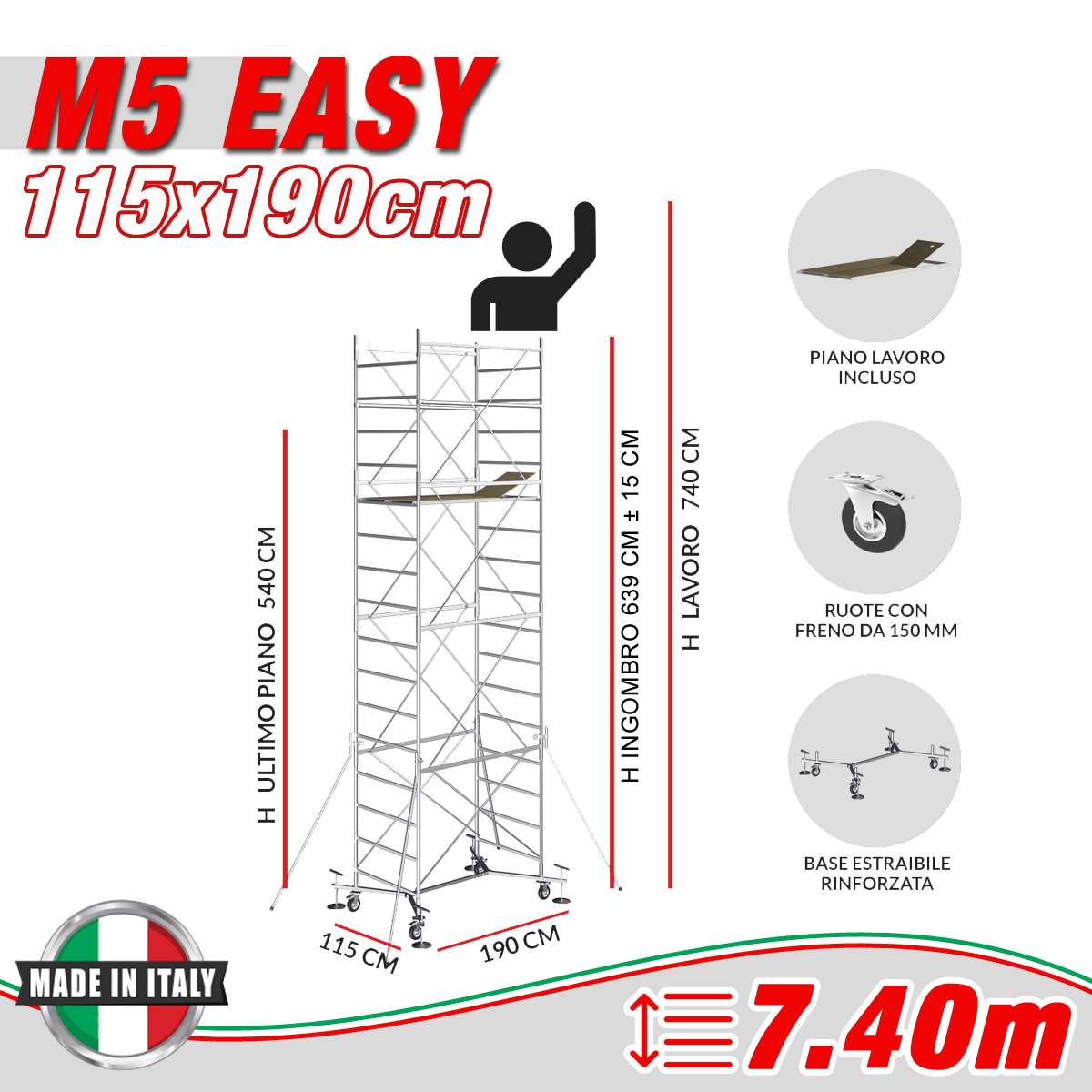 Trabattello M5 EASY Altezza lavoro 7,40 metri - Livellatori 