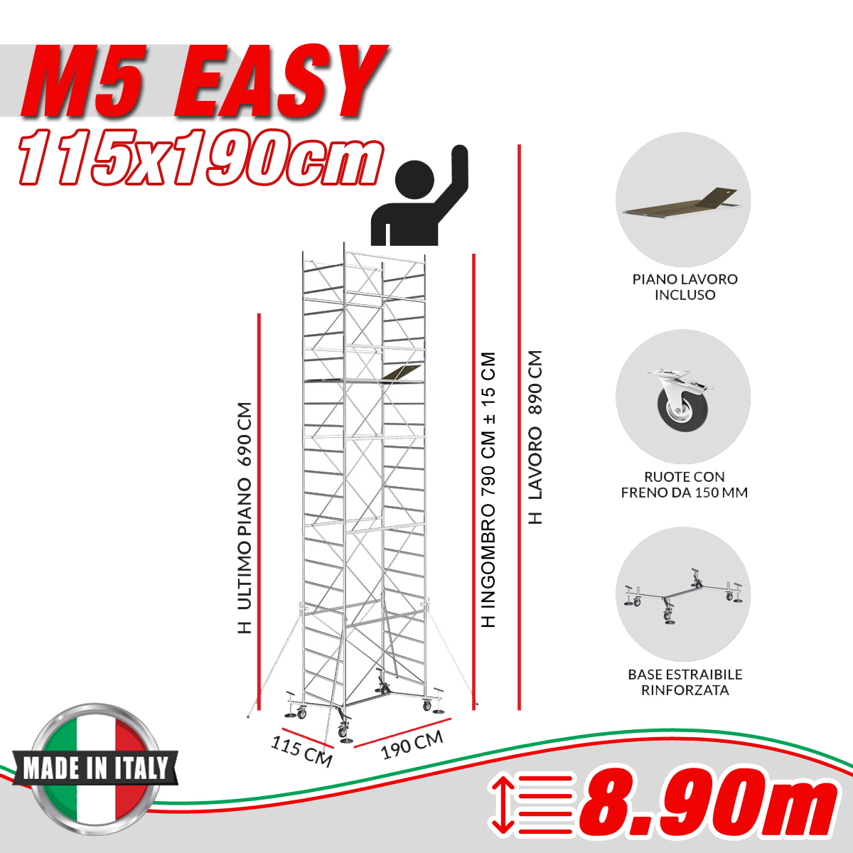 Trabattello M5 EASY Altezza lavoro 8,90 metri - 4 Ruote ø 20