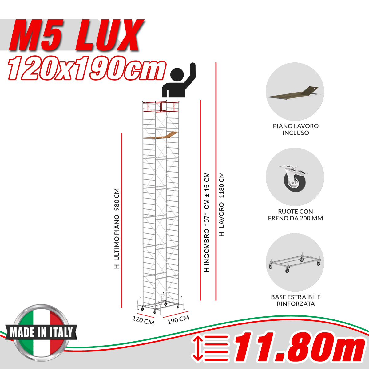 Trabattello M5 LUX Altezza lavoro 11,80 metri - Carply Materiale Resinoso e Antiscivolo