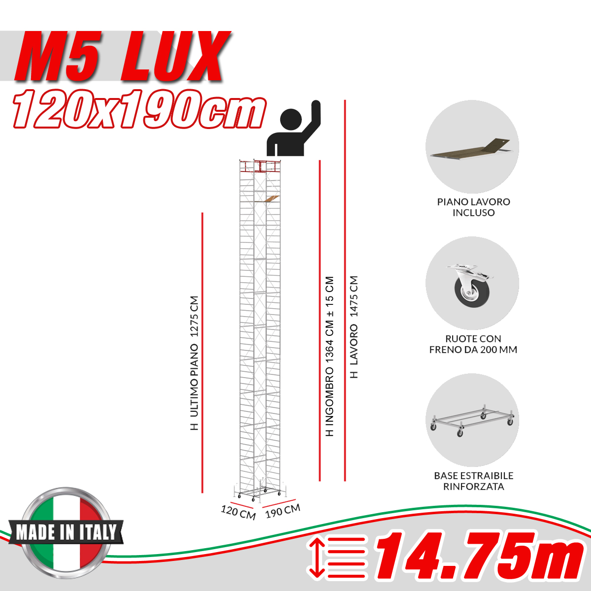 Trabattello M5 LUX Altezza lavoro 14,75 metri - Carply Materiale Resinoso e Antiscivolo