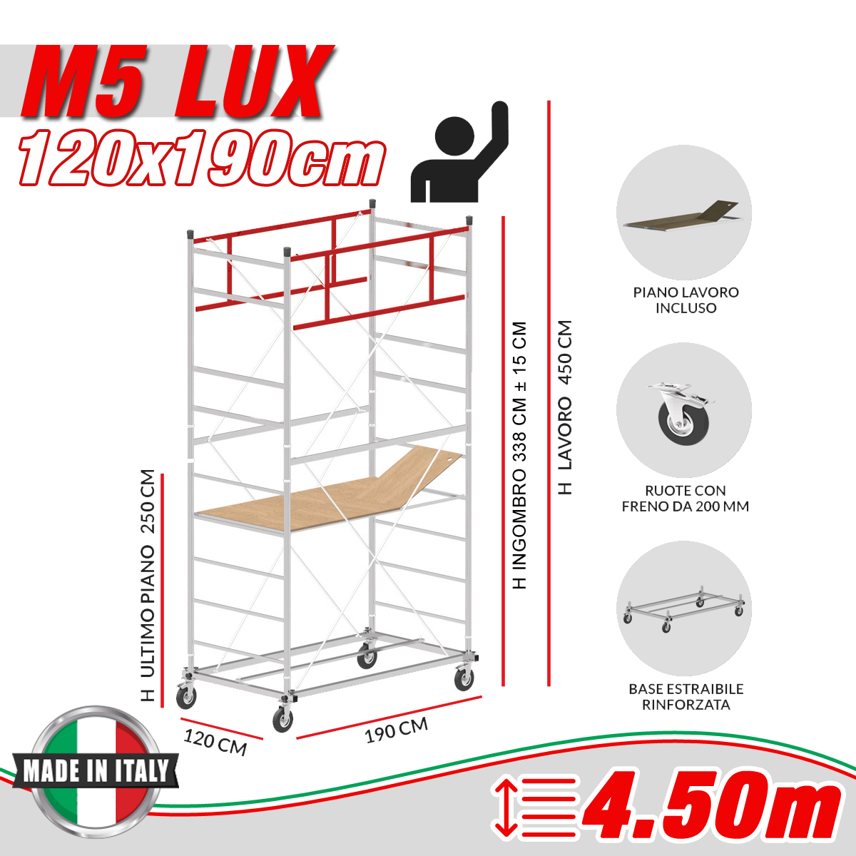 Trabattello M5 LUX Altezza lavoro 4,50 metri - 4 Ruote ø 200mm girevoli in poliuretano con freno UNI EN 1004