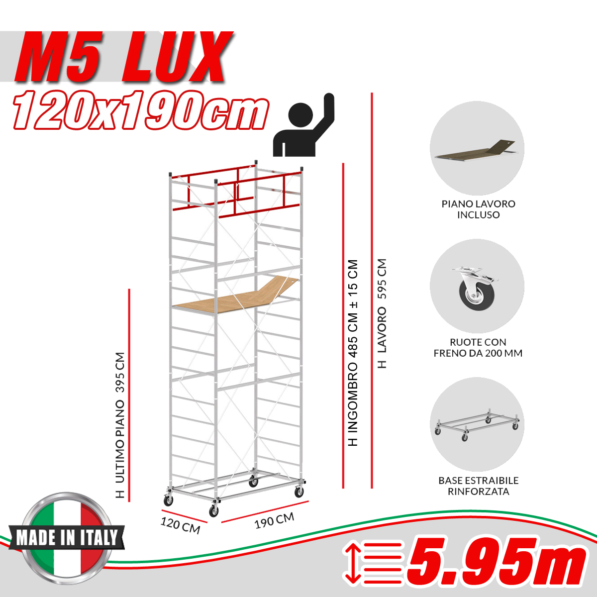 Trabattello M5 LUX Altezza lavoro 5,95 metri - Carply Materiale Resinoso e Antiscivolo