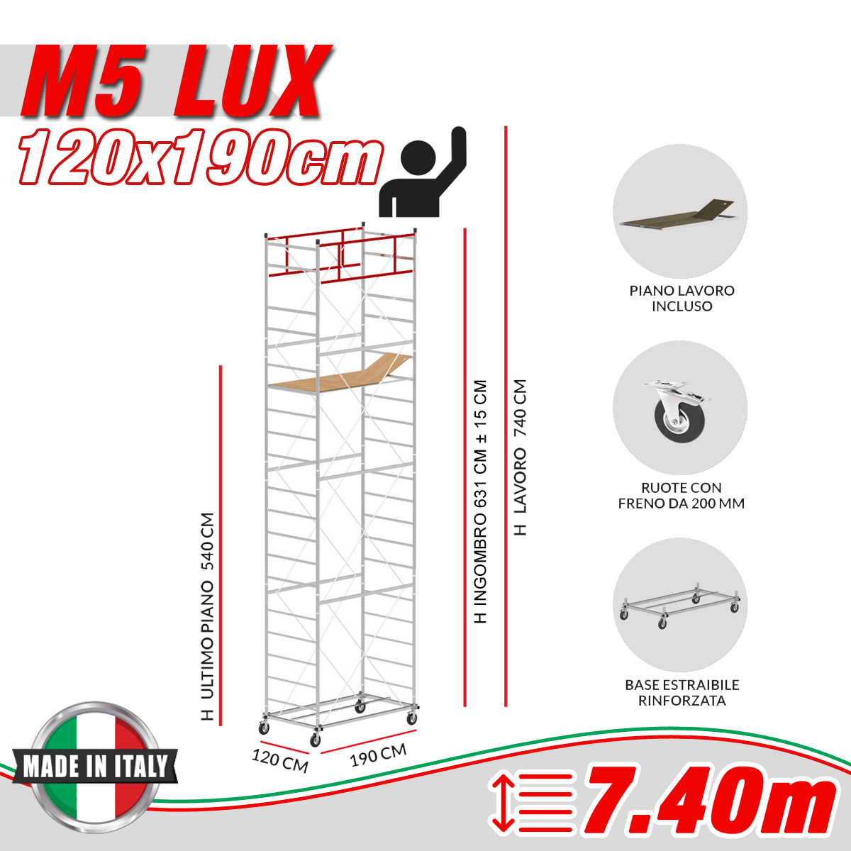 Trabattello M5 LUX Altezza lavoro 7,40 metri - Carply Materiale Resinoso e Antiscivolo