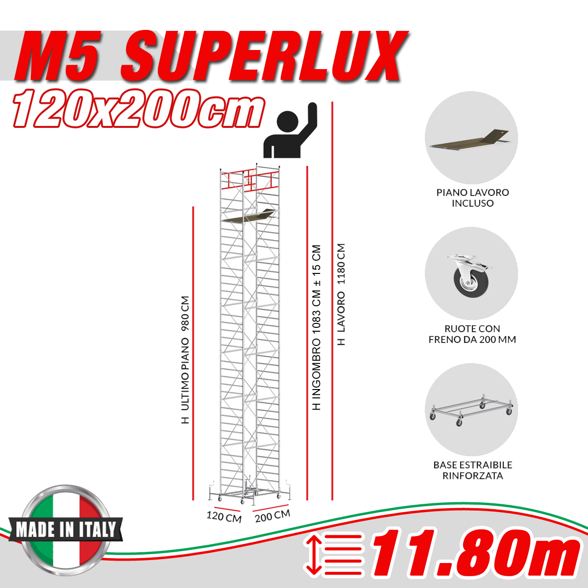 Trabattello M5 SUPERLUX Altezza lavoro 11,80 metri - Carply Materiale Resinoso e Antiscivolo