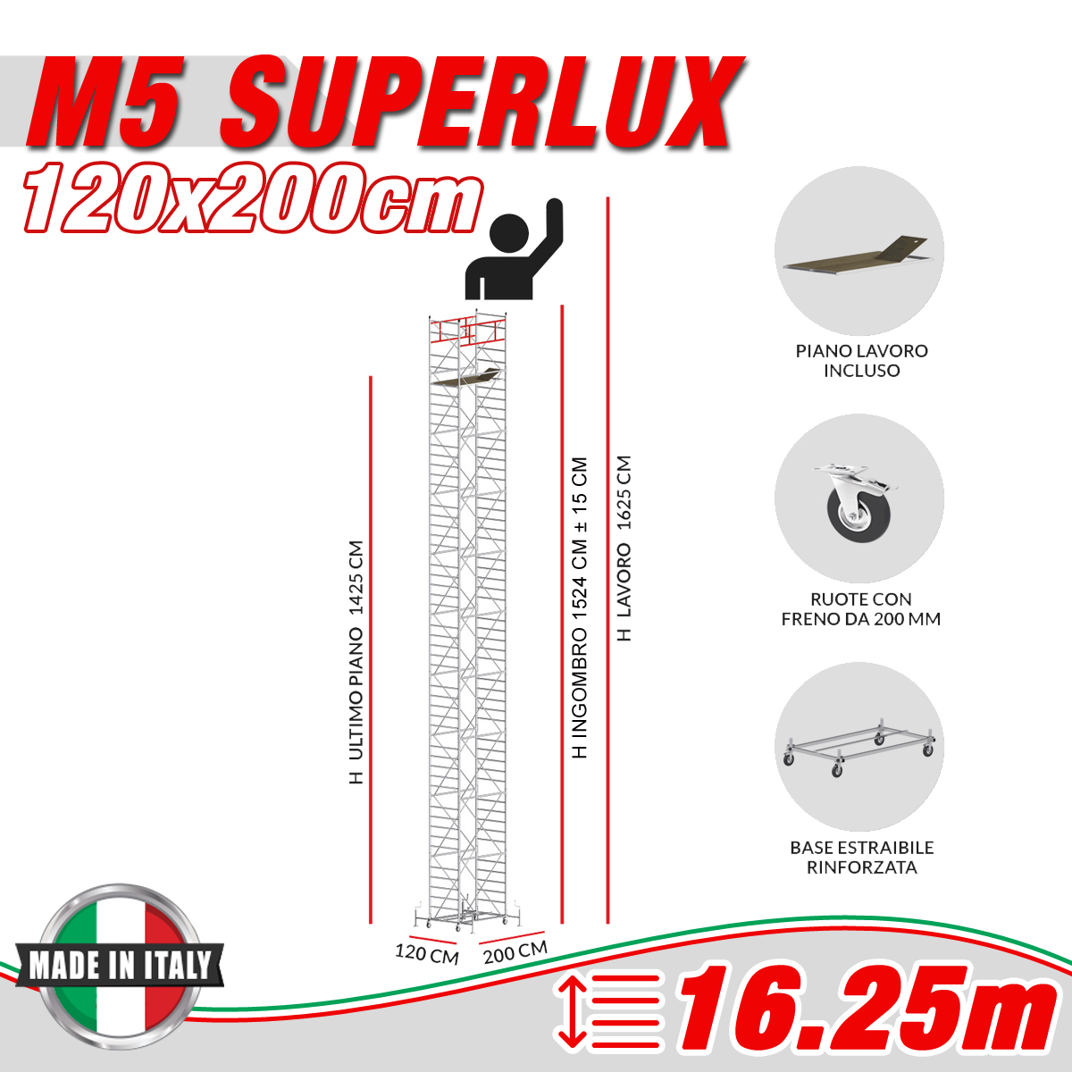 Trabattello M5 SUPERLUX Altezza lavoro 16,25 metri - Carply Materiale Resinoso e Antiscivolo