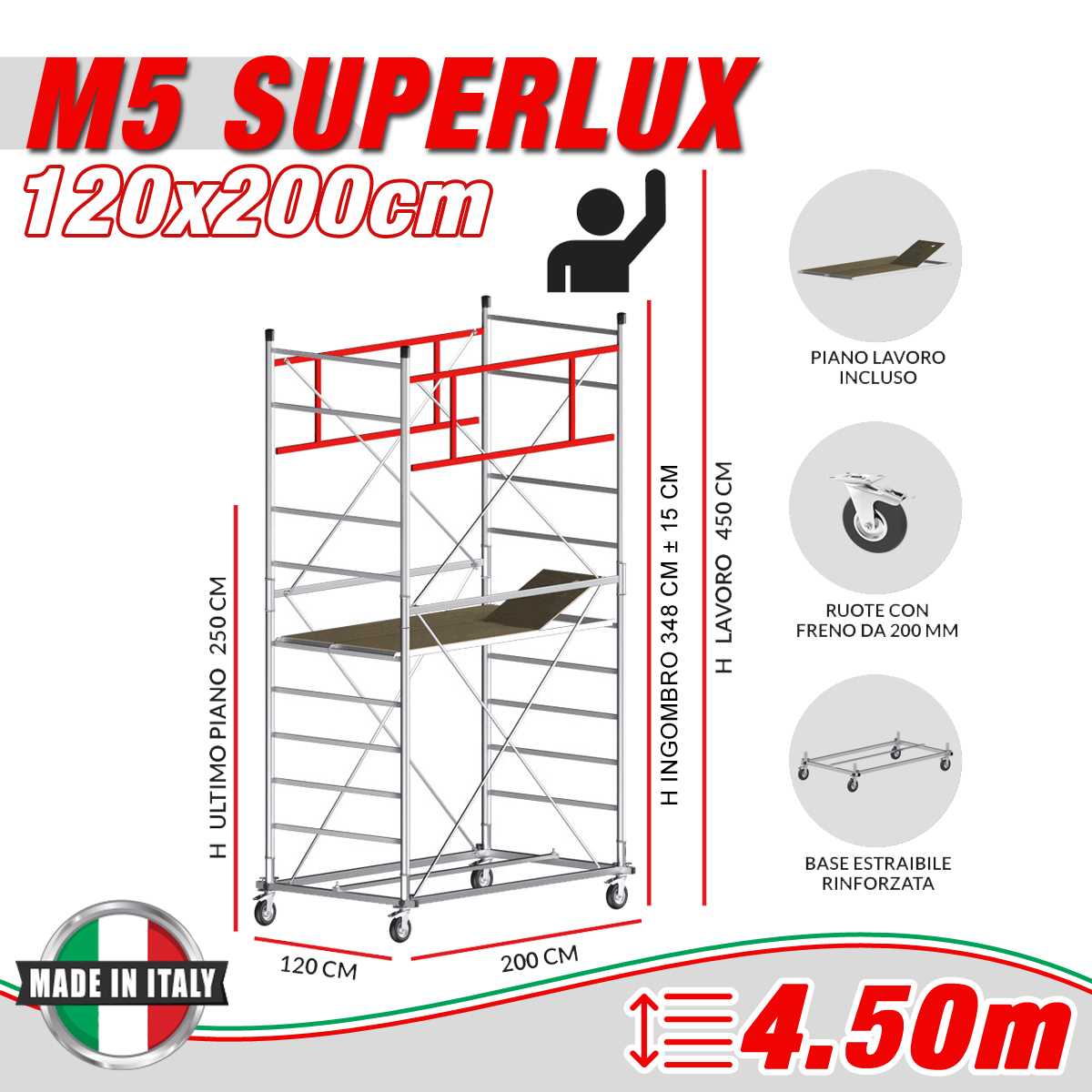 Trabattello M5 SUPERLUX Altezza lavoro 4,50 metri - 4 Ruote ø 200mm girevoli in poliuretano con freno UNI EN 1004