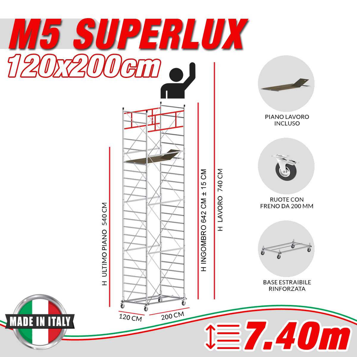 Trabattello M5 SUPERLUX Altezza lavoro 7,40 metri - Carply Materiale Resinoso e Antiscivolo