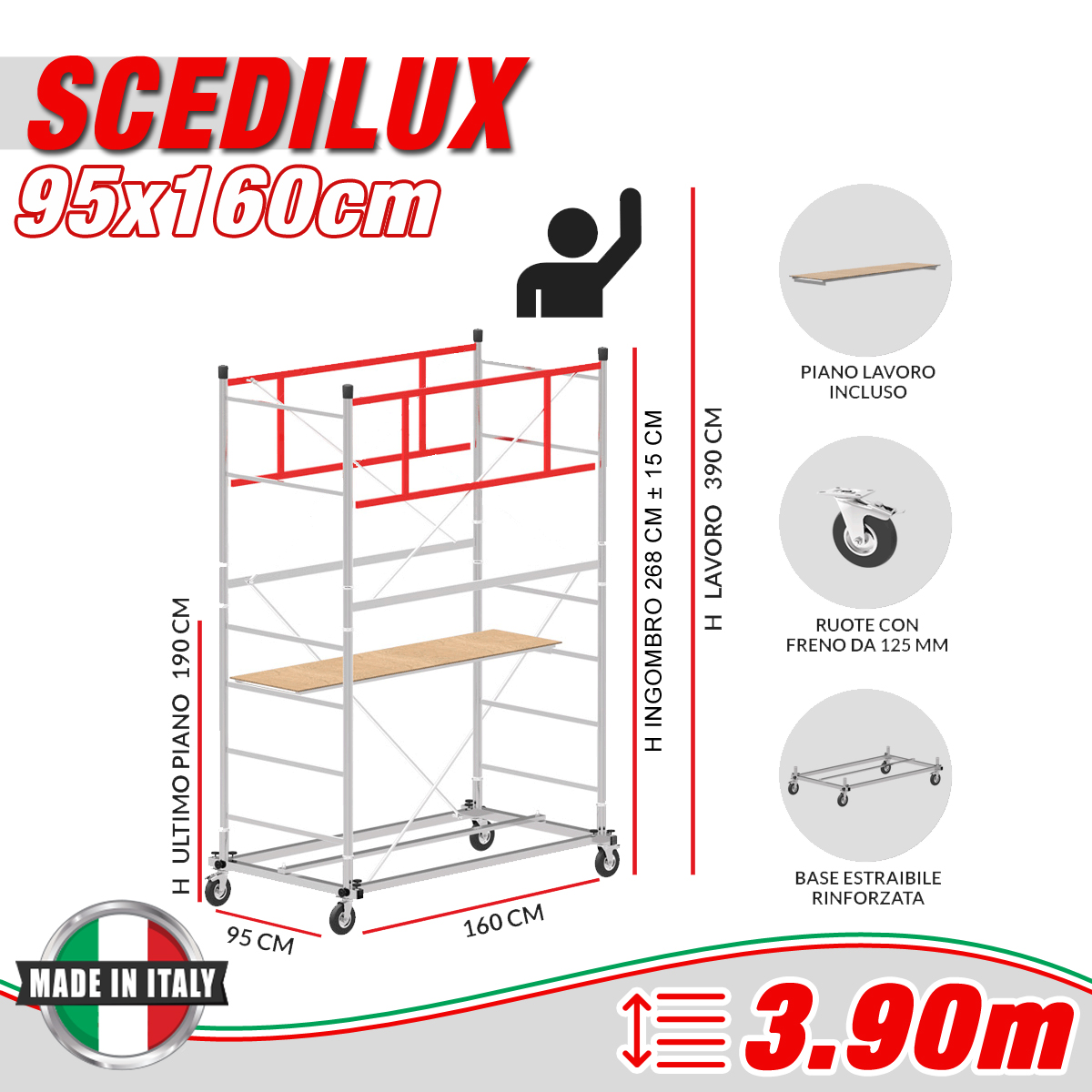 Trabattello SCEDILUX Altezza lavoro 3,90 metri - 4 Ruote ø 150mm girevoli in poliuretano con freno UNI EN 1004