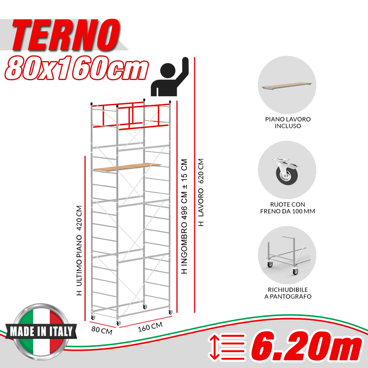 Trabattello TERNO-1 Altezza lavoro 6,20 metri - Semipiano in Carply Materiale Resinoso e Antiscivolo