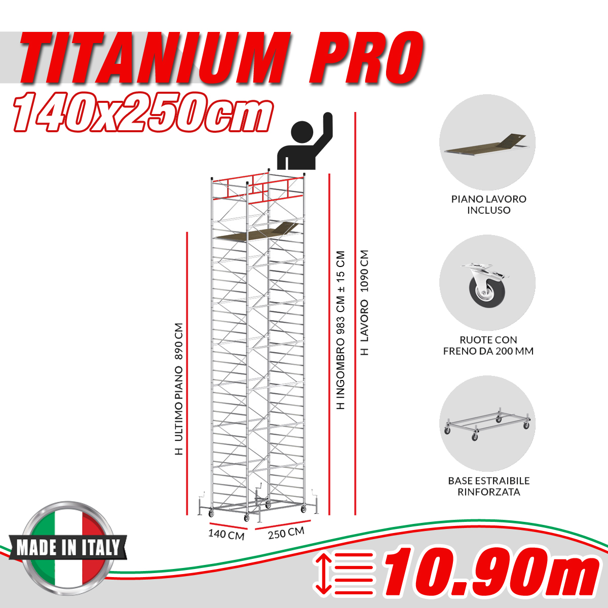 Trabattello TITANIUM PRO Altezza lavoro 10,90 metri - Carply Materiale Resinoso e Antiscivolo