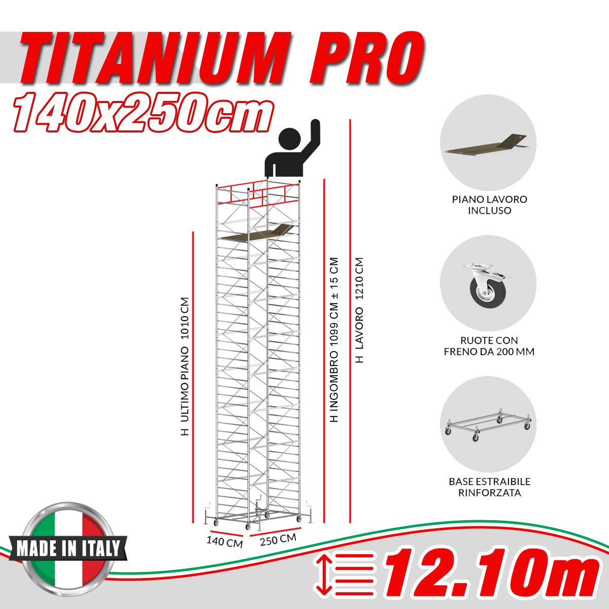 Trabattello TITANIUM PRO Altezza lavoro 12,10 metri - 4 Ruot Trabattello TITANIUM PRO Altezza lavoro 12,10 metri - 4 Ruot