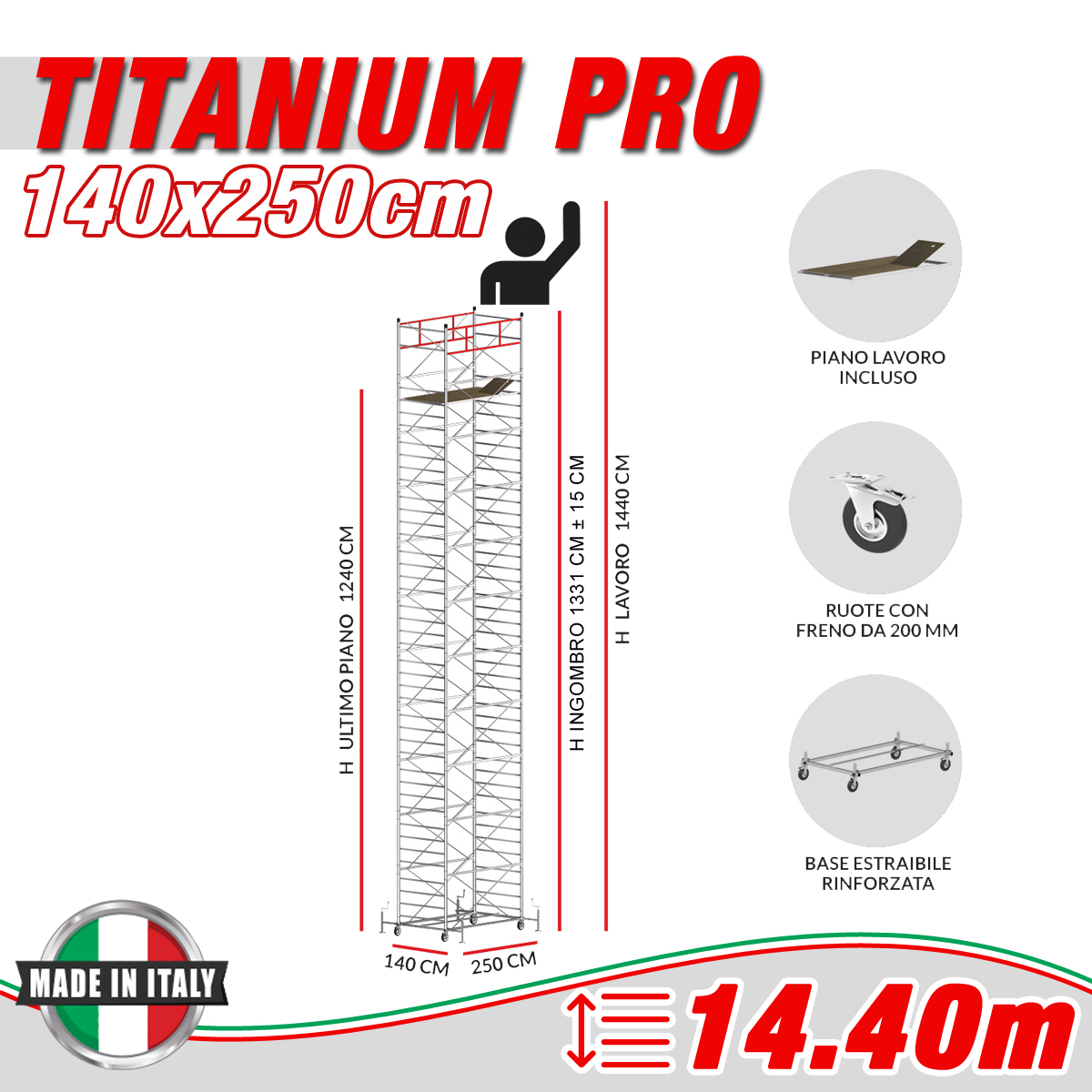 Trabattello TITANIUM PRO Altezza lavoro 14,40 metri - Carply Materiale Resinoso e Antiscivolo