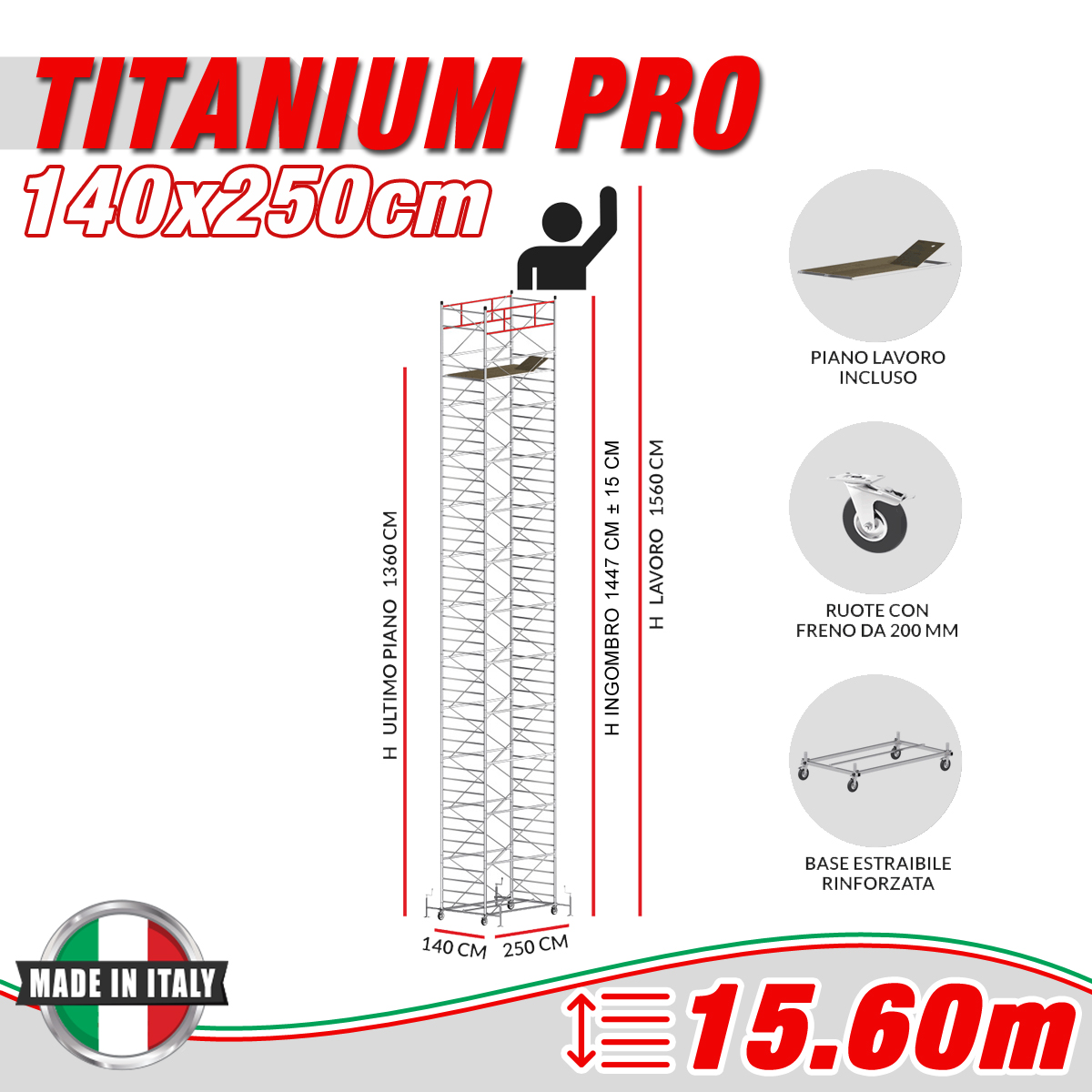 Trabattello TITANIUM PRO Altezza lavoro 15,60 metri - Carply Materiale Resinoso e Antiscivolo