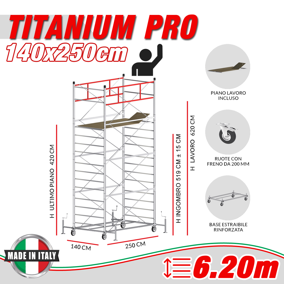 Trabattello TITANIUM PRO Altezza lavoro 6,20 metri - Carply Materiale Resinoso e Antiscivolo